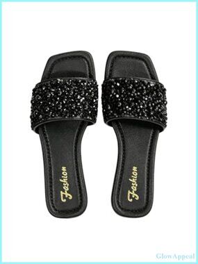 Rhinestone Sparkly Flat Sandals Dressy Glitter Slip On Faux Leather